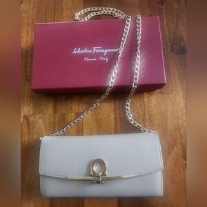 Authentic Ferragamo Gancini Continental Wallet – Beige Leather – Gold Hardware